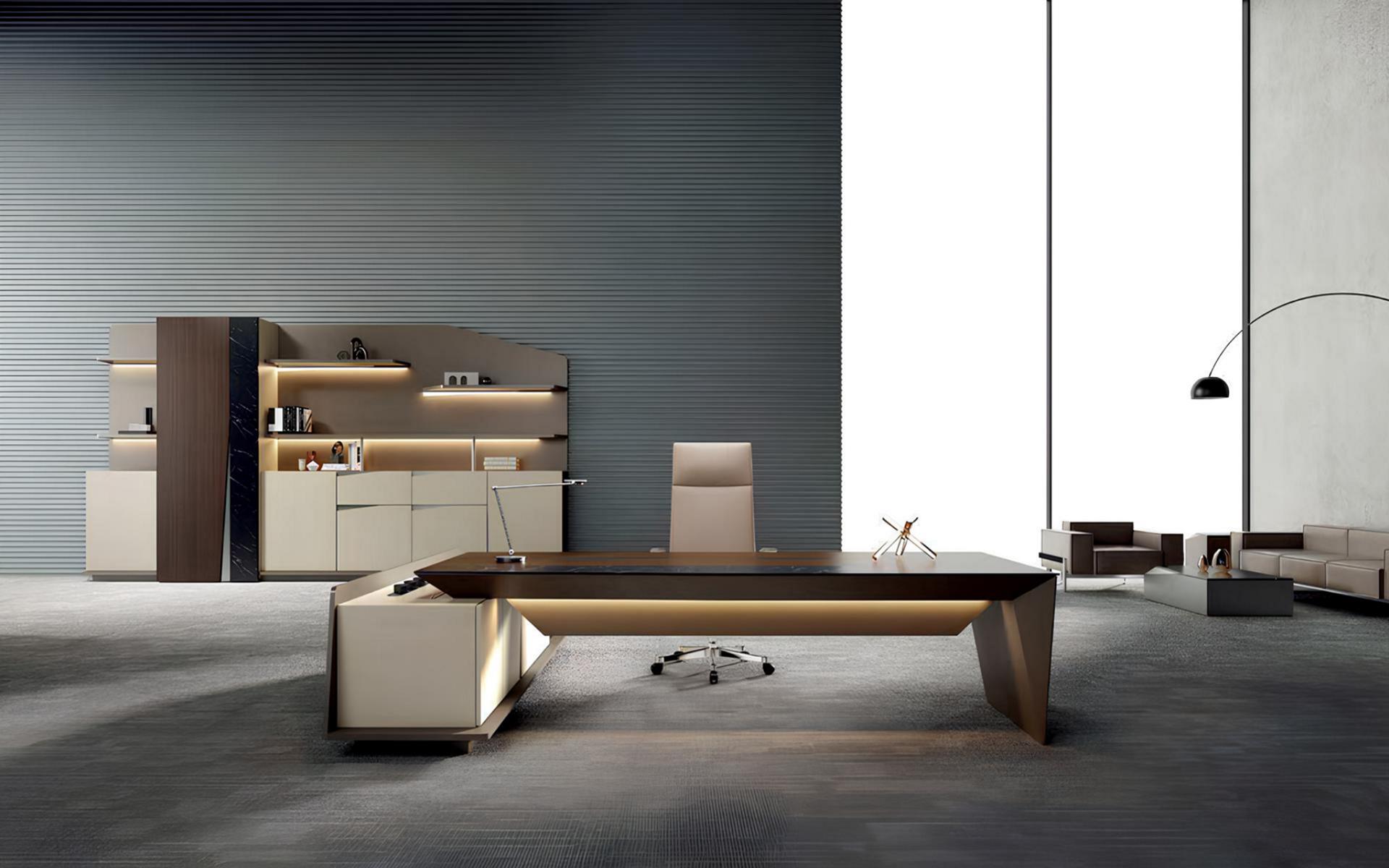 Brown-beige office set, stylish corner desk, robust bookshelf