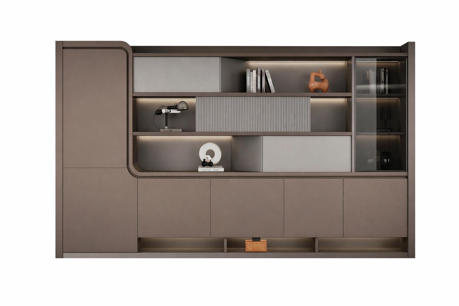 Modular office cabinet with elegant LED lighting and glass shelf