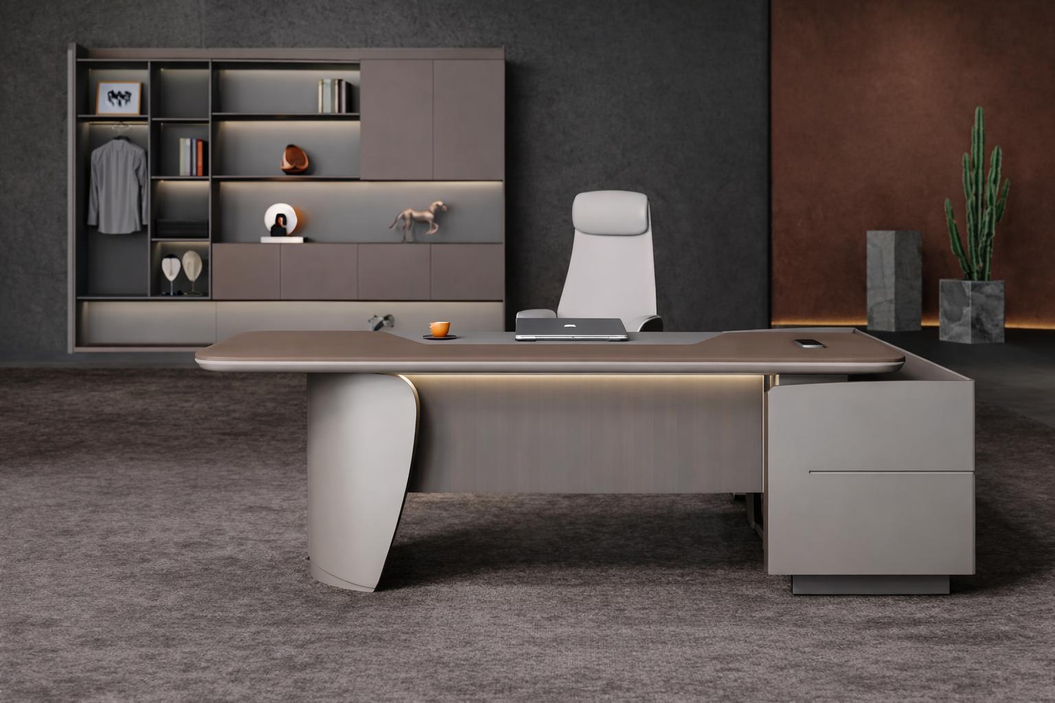 Modern executive desk set with office cabinet and ergonomic armchair