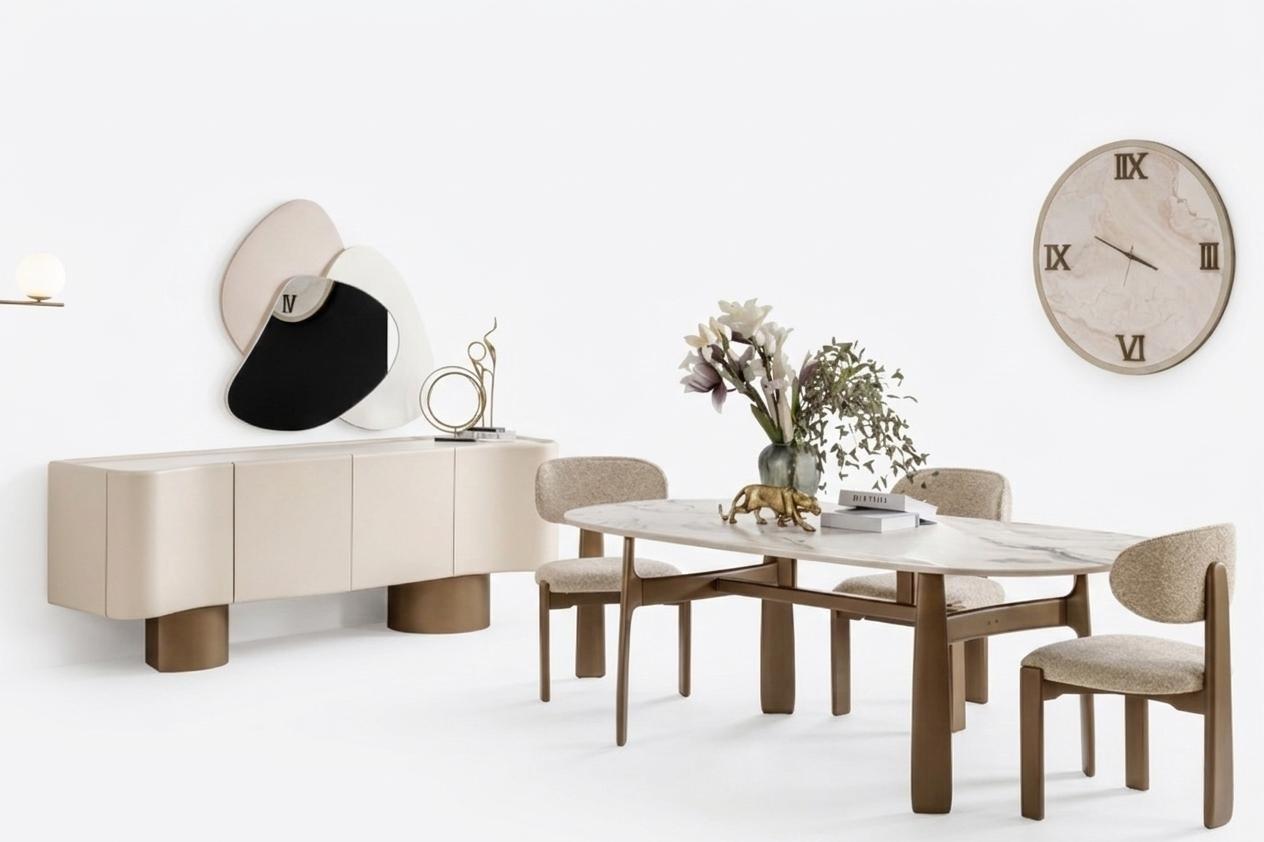 Dining Room Set Modern Style Beige Color Spacious Console Soft Chairs