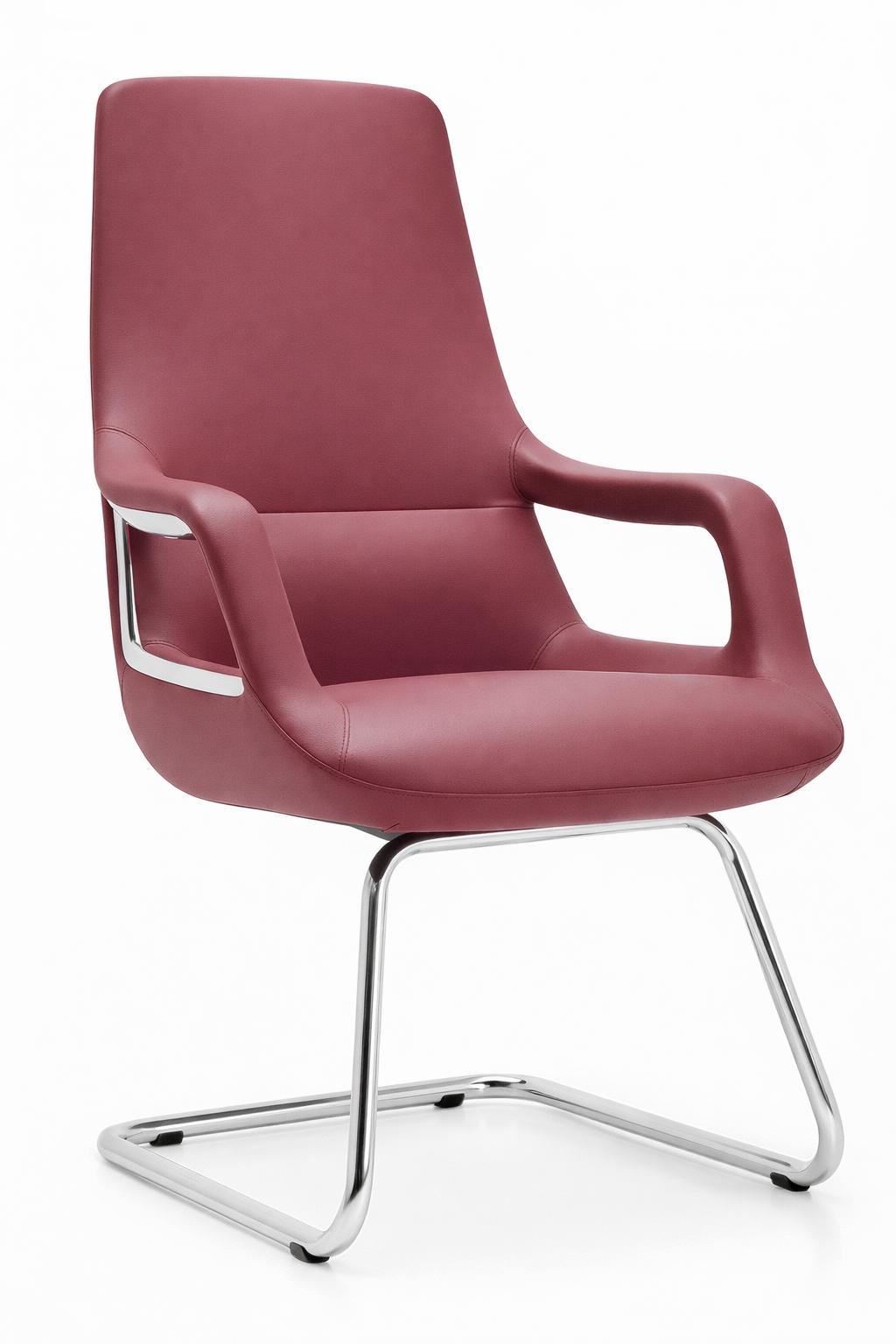 Ergonomic armchair in burgundy red with chrome frame and armrests