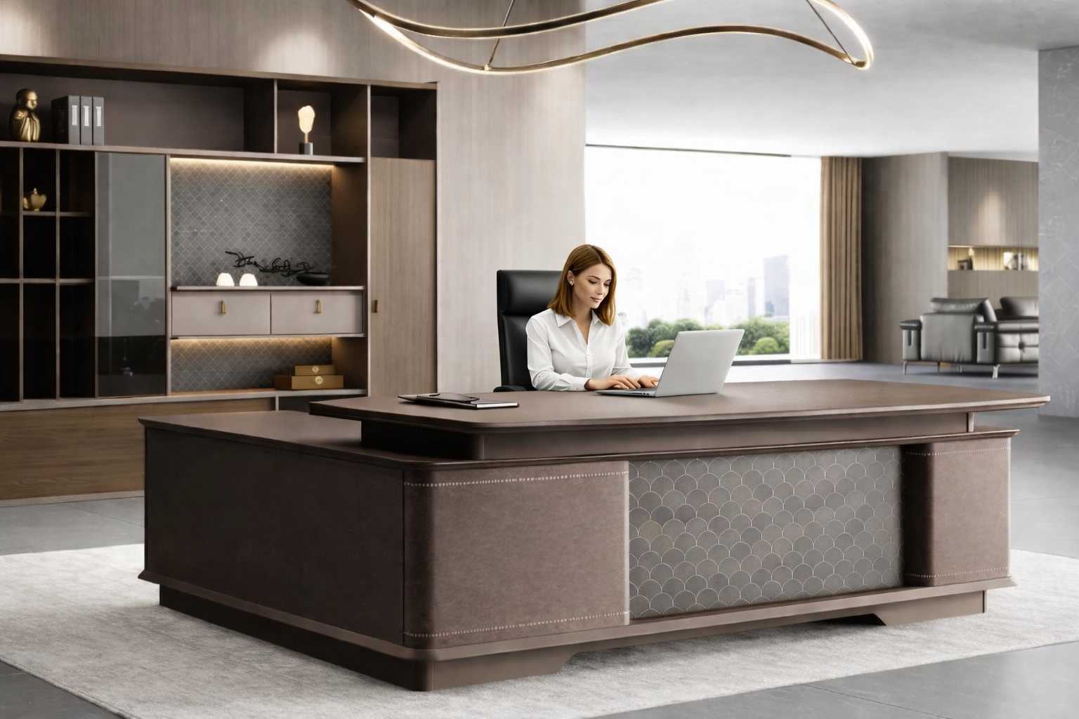 Modern corner desk with office cabinet set. Elegant office furnishings