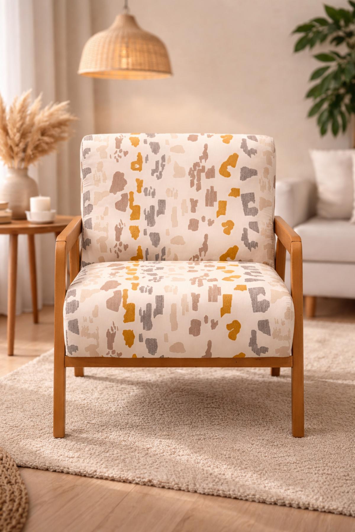 Colorful living room armchair, elegant wooden frame, brown armrests