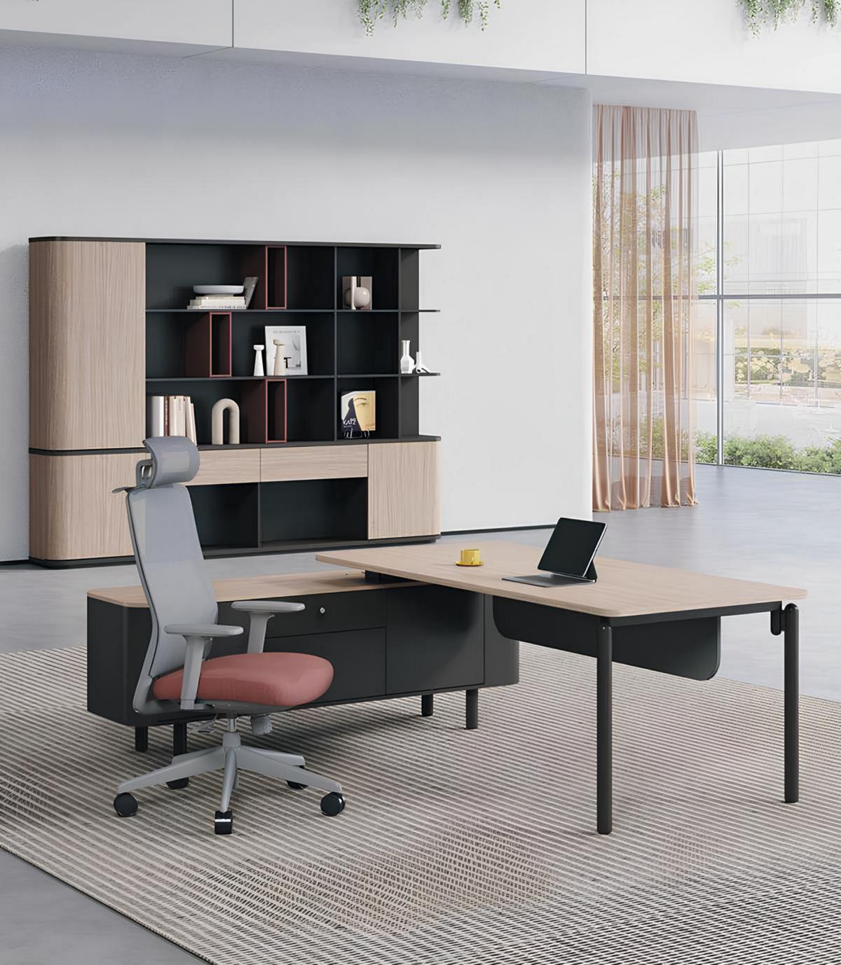 Elegant Modern Office Set Sturdy Desk Wooden Bookshelf