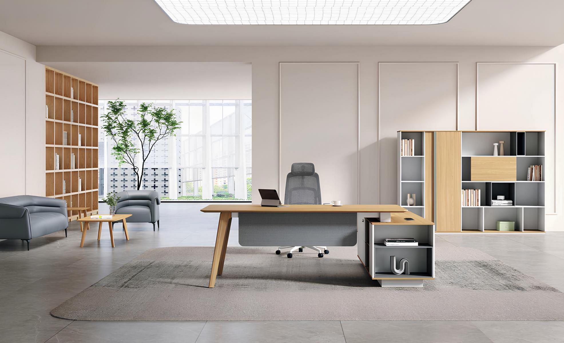 Modern Brown Office Set Stylish Corner Desk Wooden Bookshelf