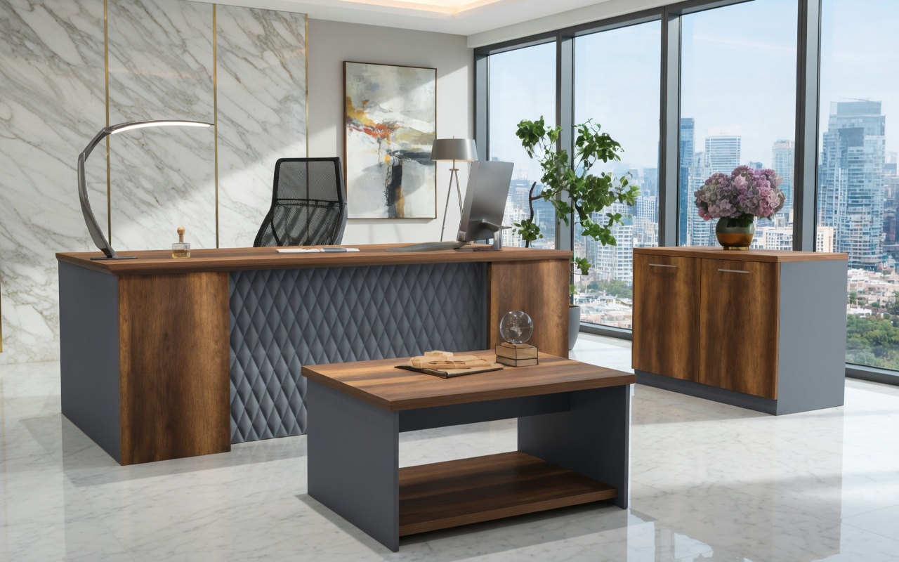 Stylish office set desk sideboard coffee table wood gray