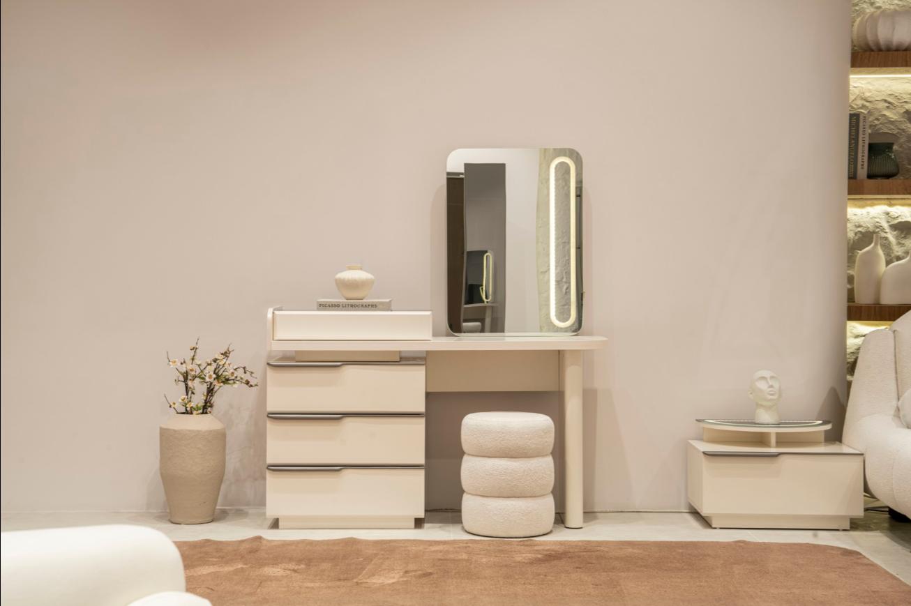 Bedroom Set Dressing Table Mirror Pouf Beige Modern Style Light