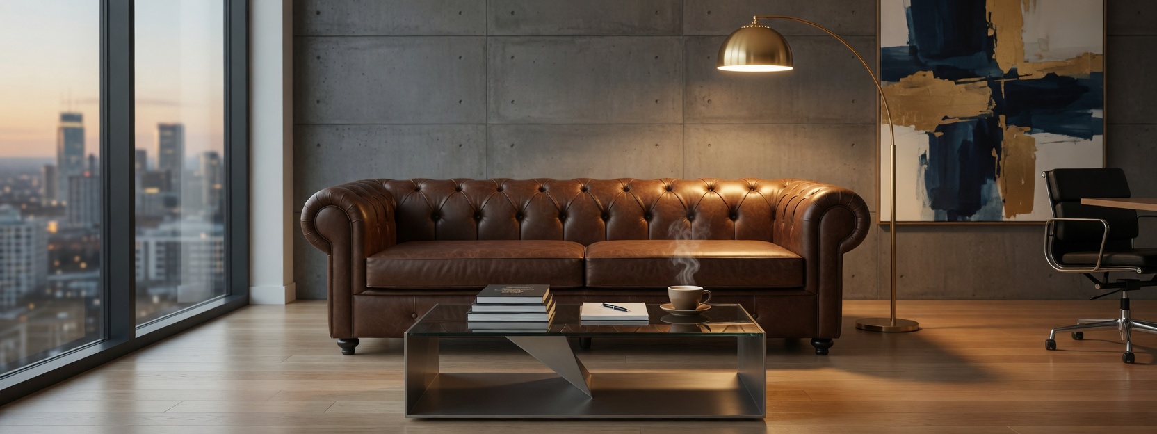 Chesterfield Sofa 4 Seater Brown Faux Leather for Office Modern