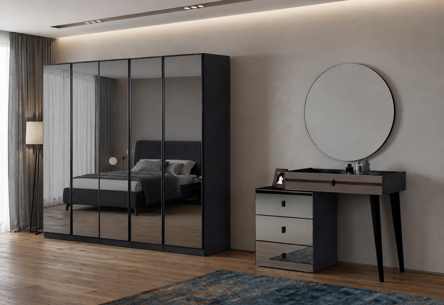 Bedroom Set Wardrobe Dressing Table Black Modern Stylish