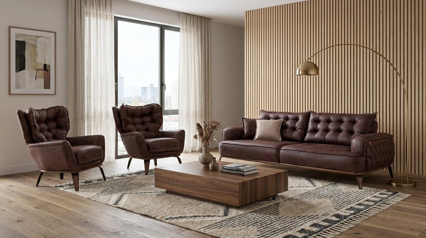 Upholstered set 3-seater sofa armchair leather modern cushion dark brown