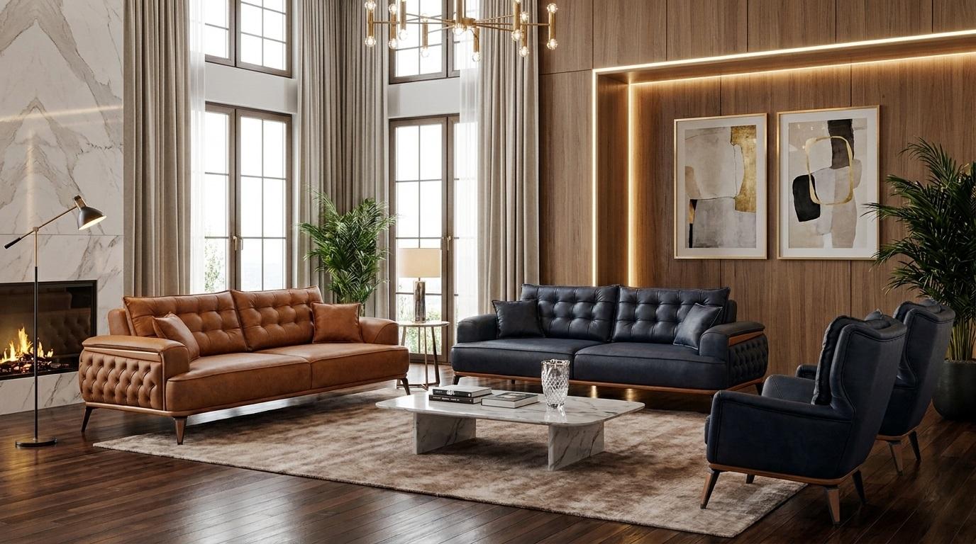 Upholstered set 3-seater sofa armchair leather dark blue brown cushion new