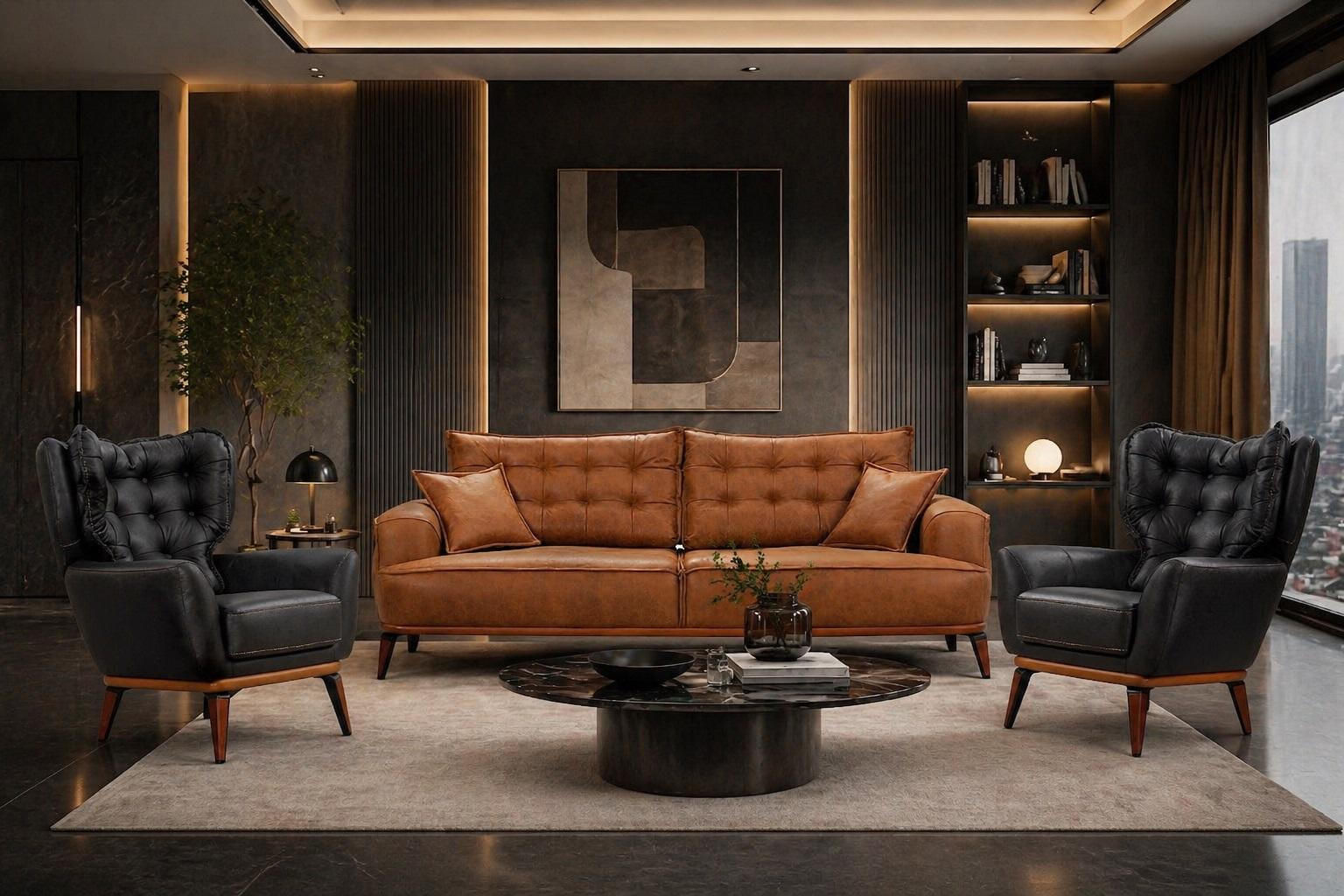 Upholstered set 3-seater sofa armchair leather comfortable dark blue brown