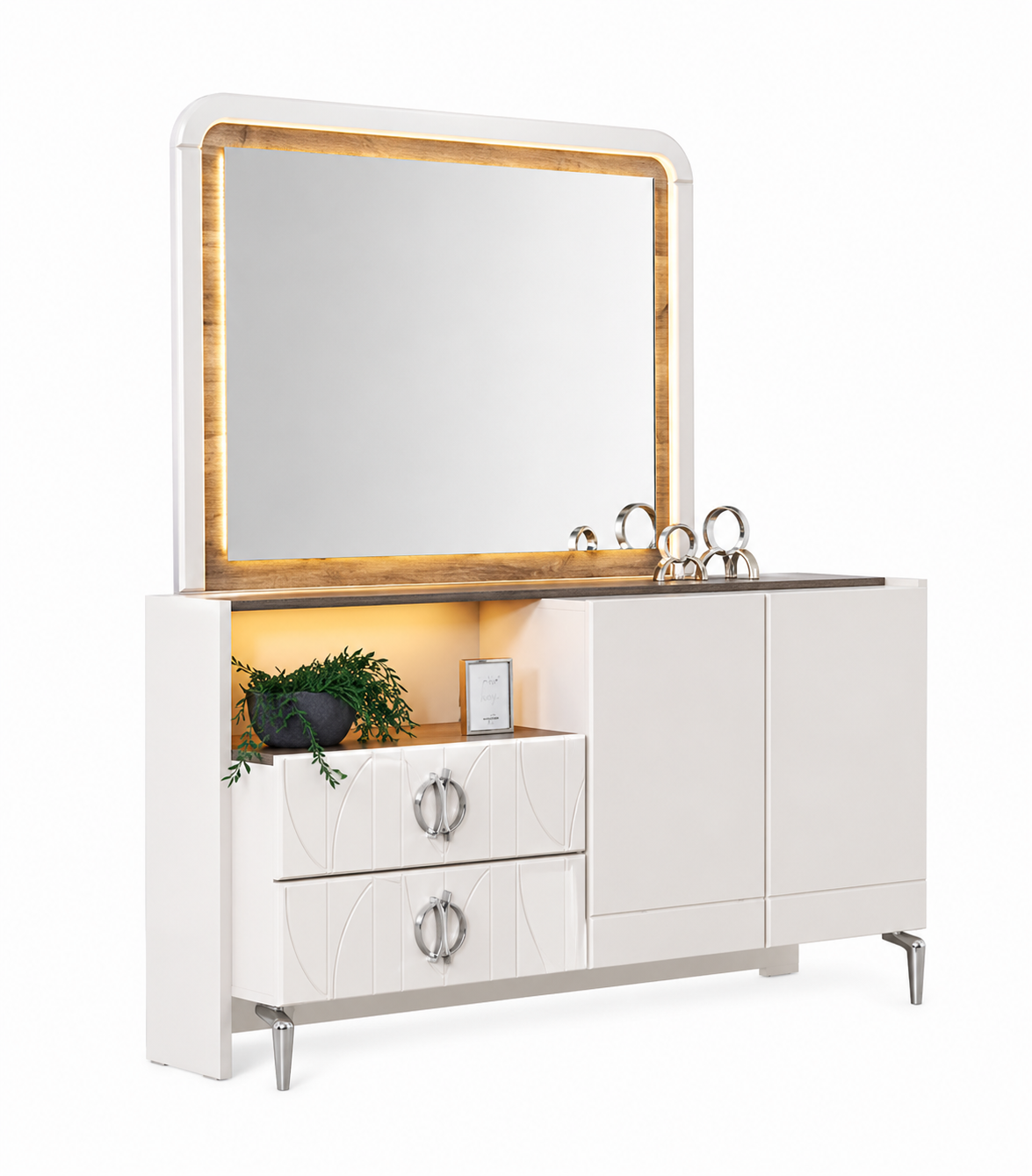 Dressing table in a modern design with a wooden frame and integrated mirror