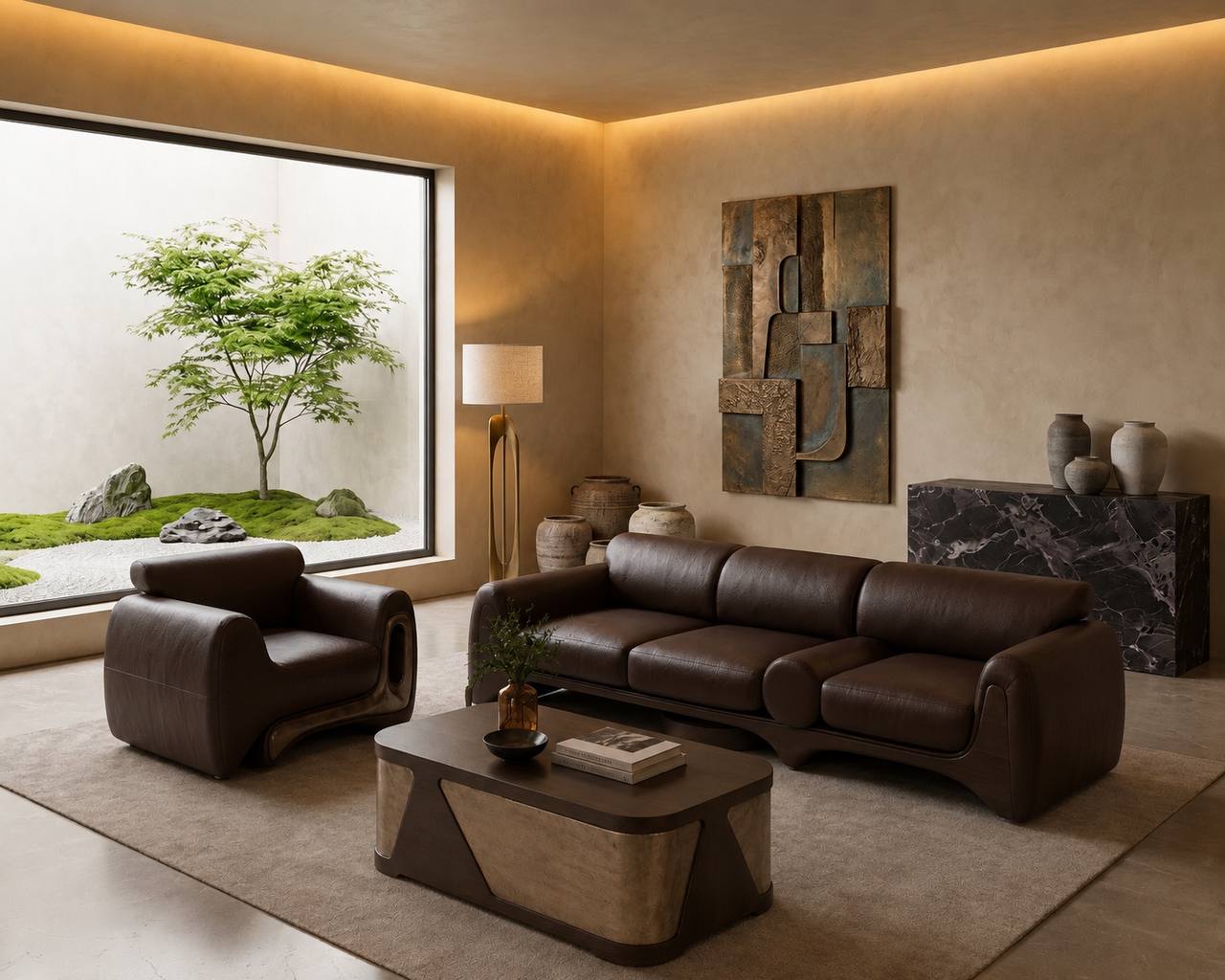 Exclusive brown leather set, modern leather sofa, relaxation chair, 2 pieces