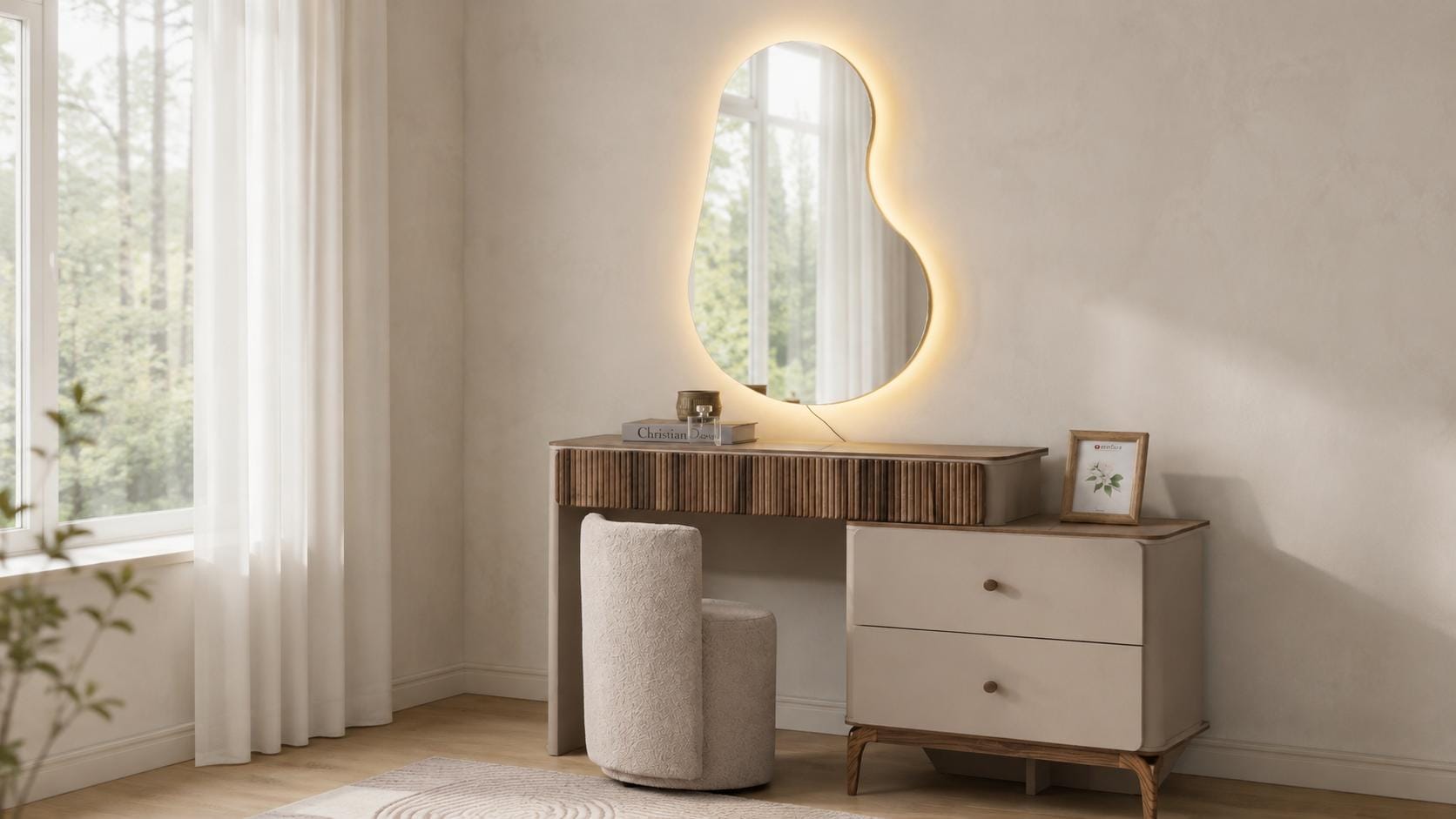 Modern dressing table set wood look stool Skandi dressing table beige