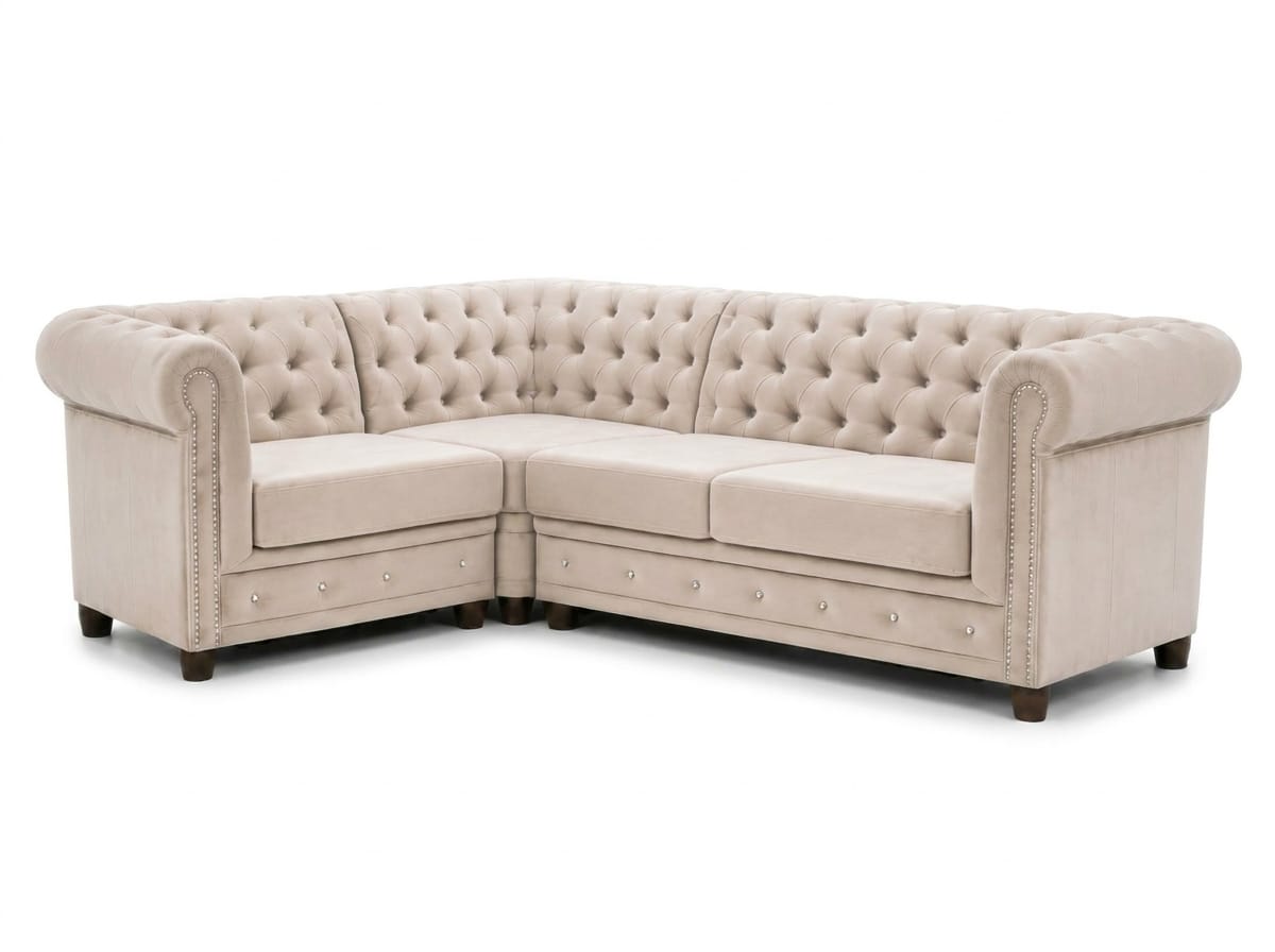 Beige L Shaped Corner Sofa Fabric Sofa Quilted Sofa Chesterfield Living Room