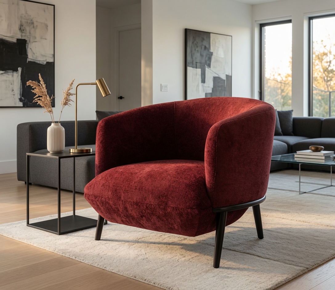 Elegant armchair in wine red with sturdy wooden legs