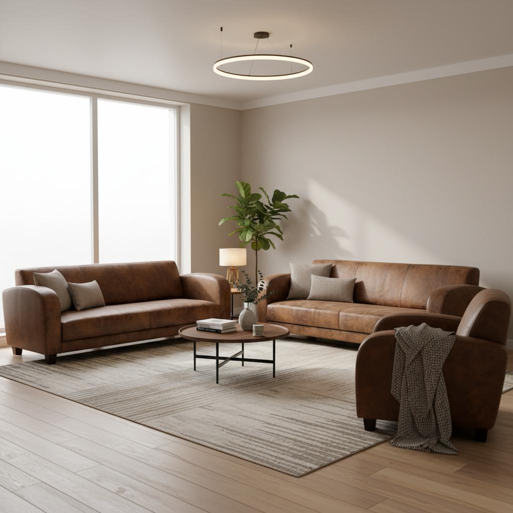 Braunes Wohnzimmer-Set 3+3+1-Sitzer-Sofas Ledersofas Ledersessel Polstermöbel