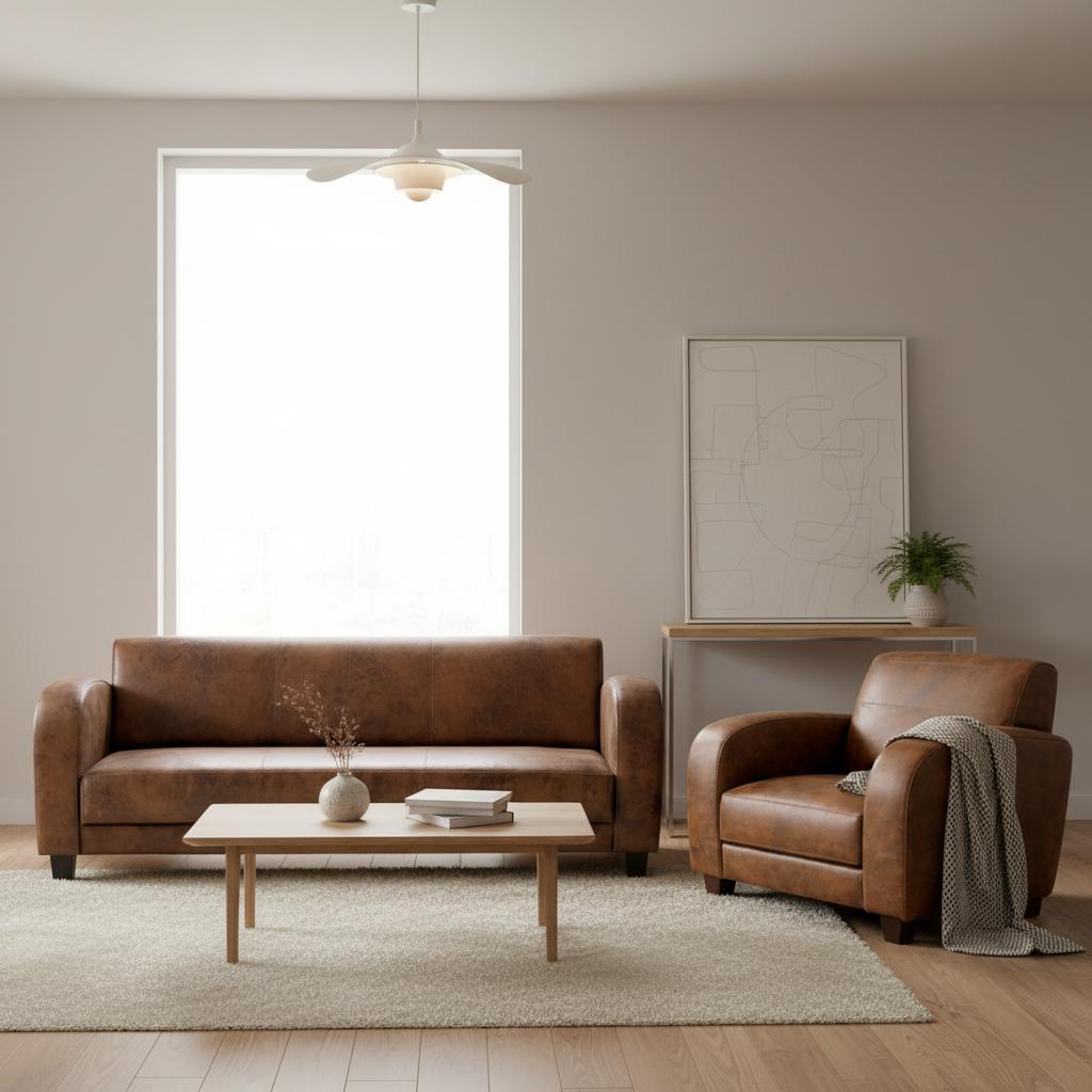 Braunes Wohnzimmer-Set 3-Sitzer-Sofa Ledersofa und Sessel luxuriös