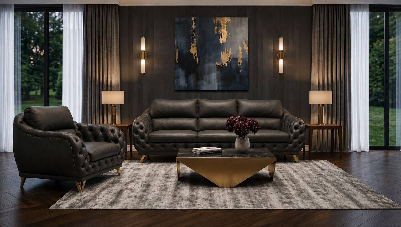 Exklusive Wohnzimmer Couchgarnitur Schwarzes Ledersofa Sessel 2tlg