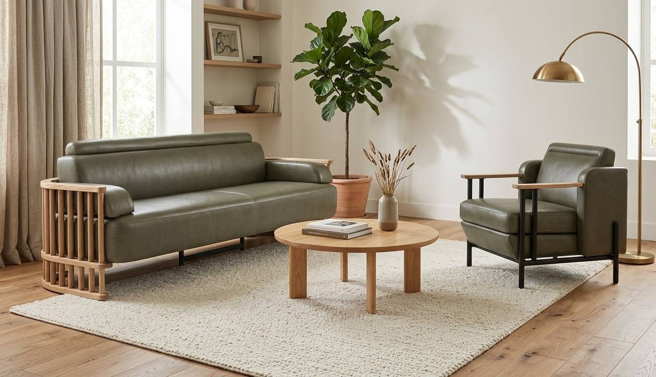 Moderne Grüne Ledergarnitur Stilvoller 3-Sitzer Designer Sessel