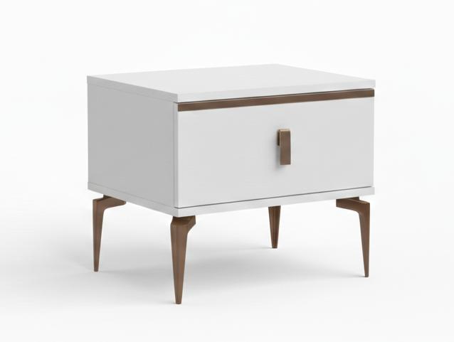 Stylish white bedside table, exclusive drawer, elegant storage space