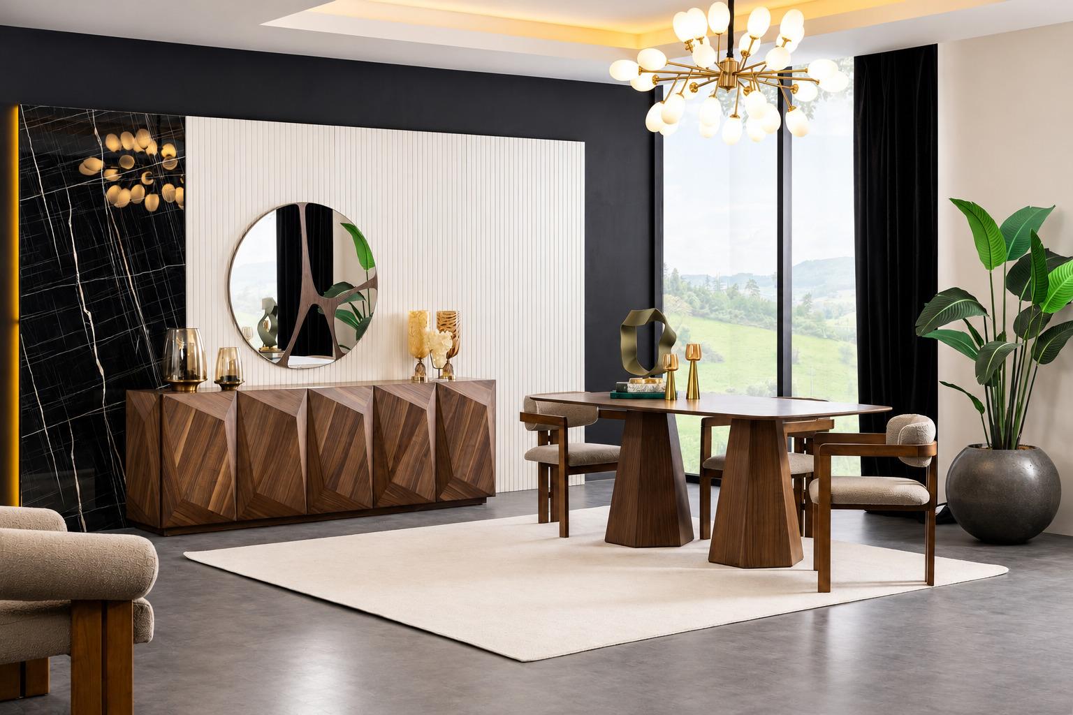 Elegant dining room set kitchen table designer upholstered chairs sideboard