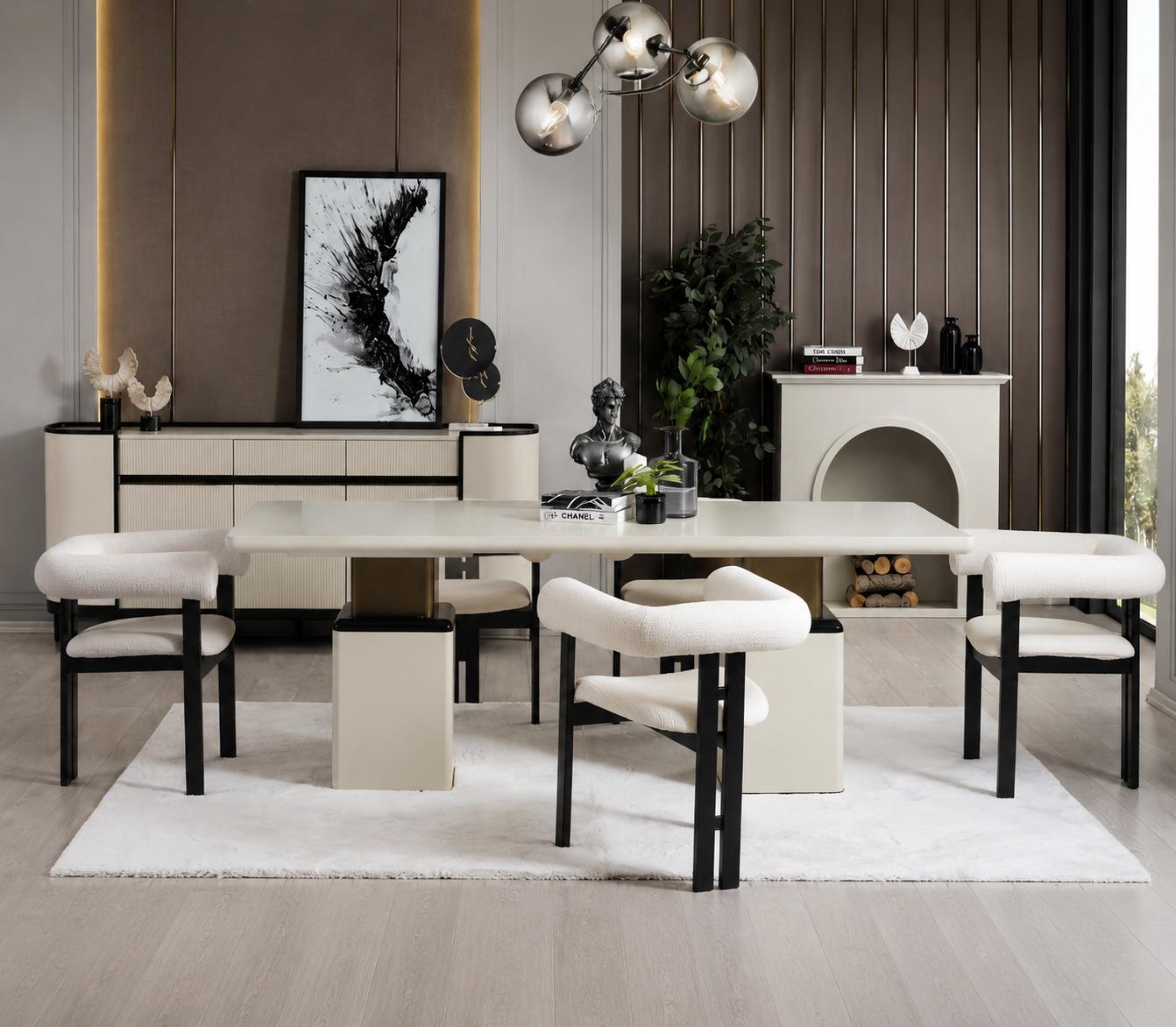 White dining room set, robust dining table, 4x upholstered chairs, sideboard