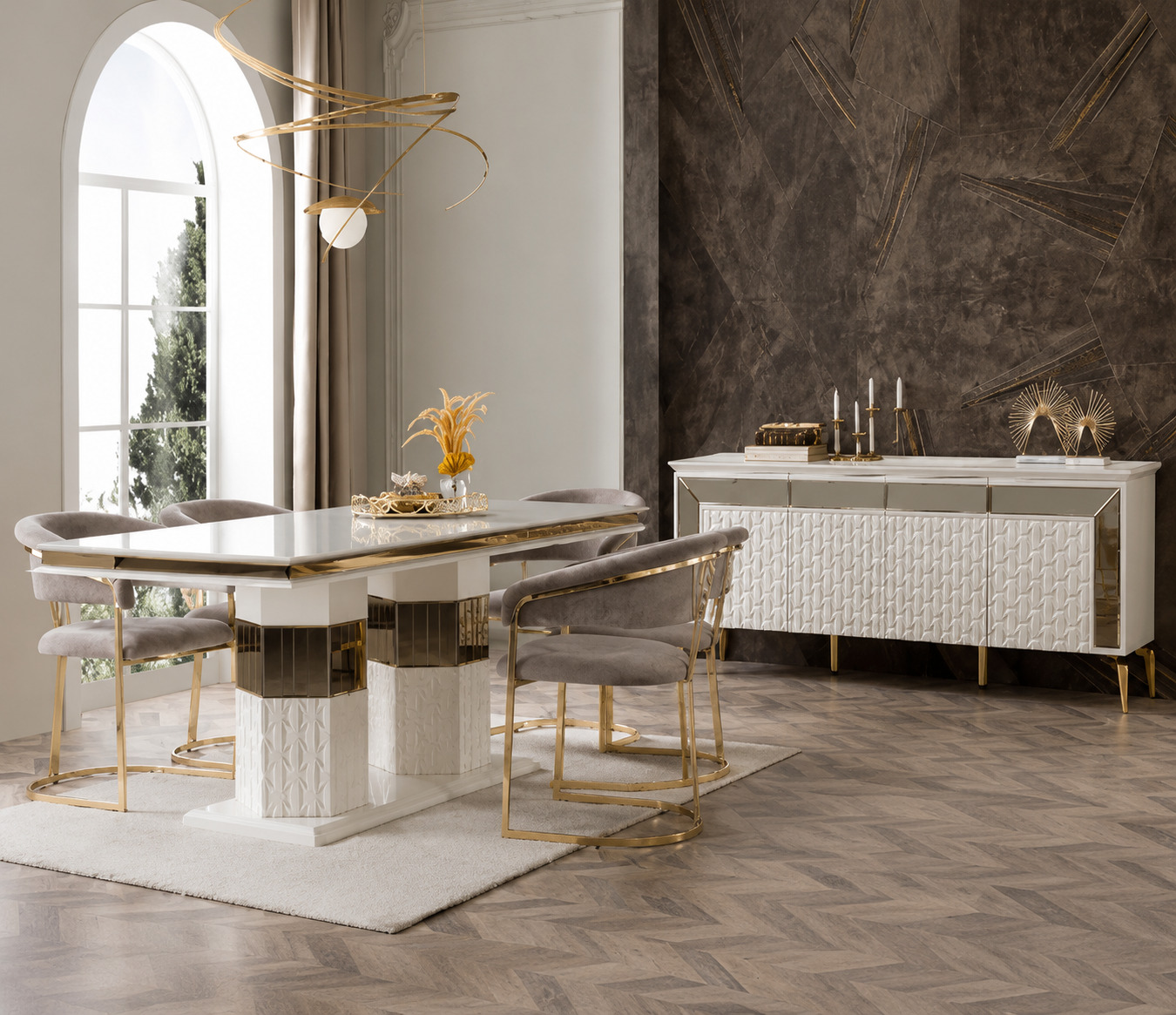 Elegant dining room set, elegant dining table, 4x fabric chairs, wooden sideboard