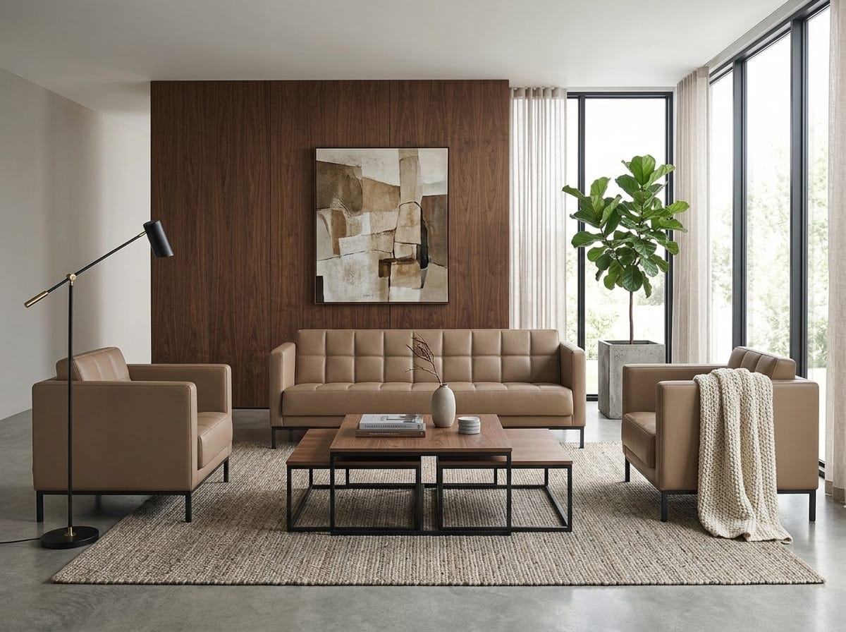 Modernes Wohnzimmer Set Sofa 2 Sessel Beige Leder Polstermöbel