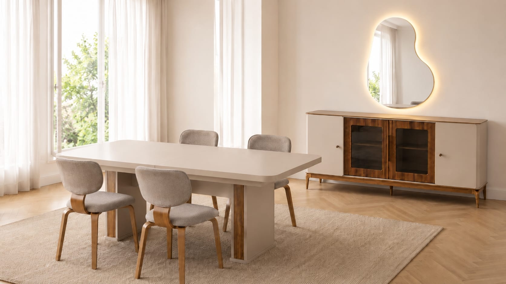 Premium Esszimmer Set Beige Luxus Holz Tisch Stühle Anrichte