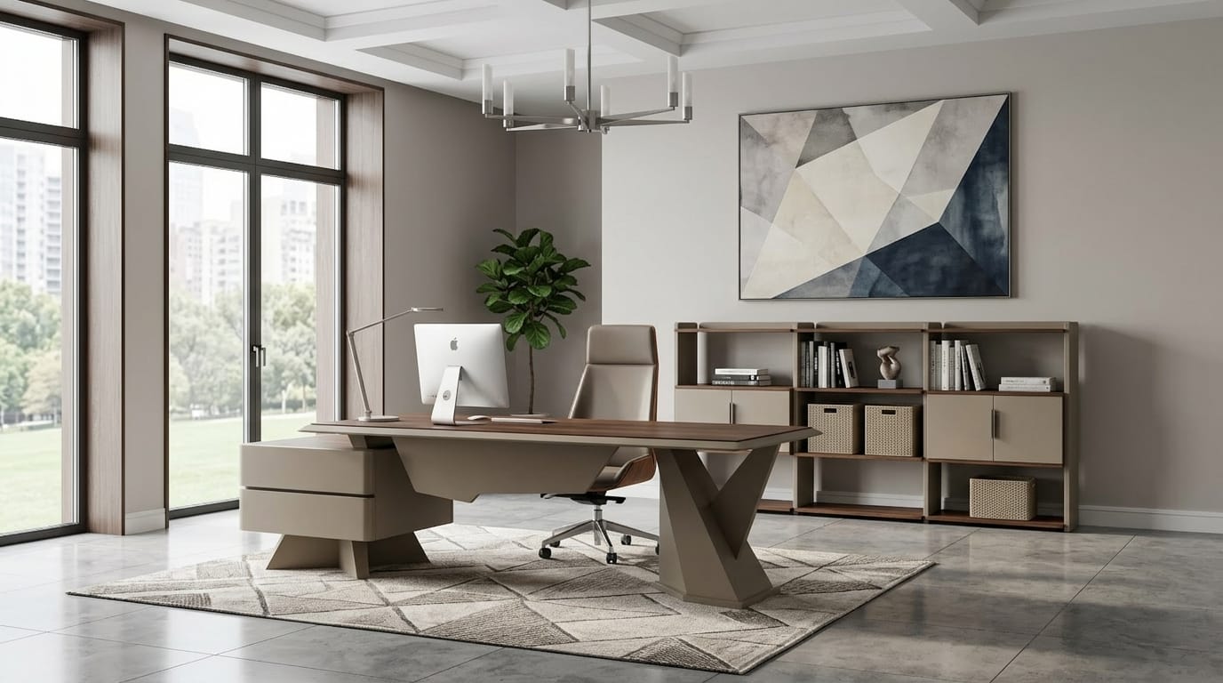Design office set desk bookshelf workplace modern
