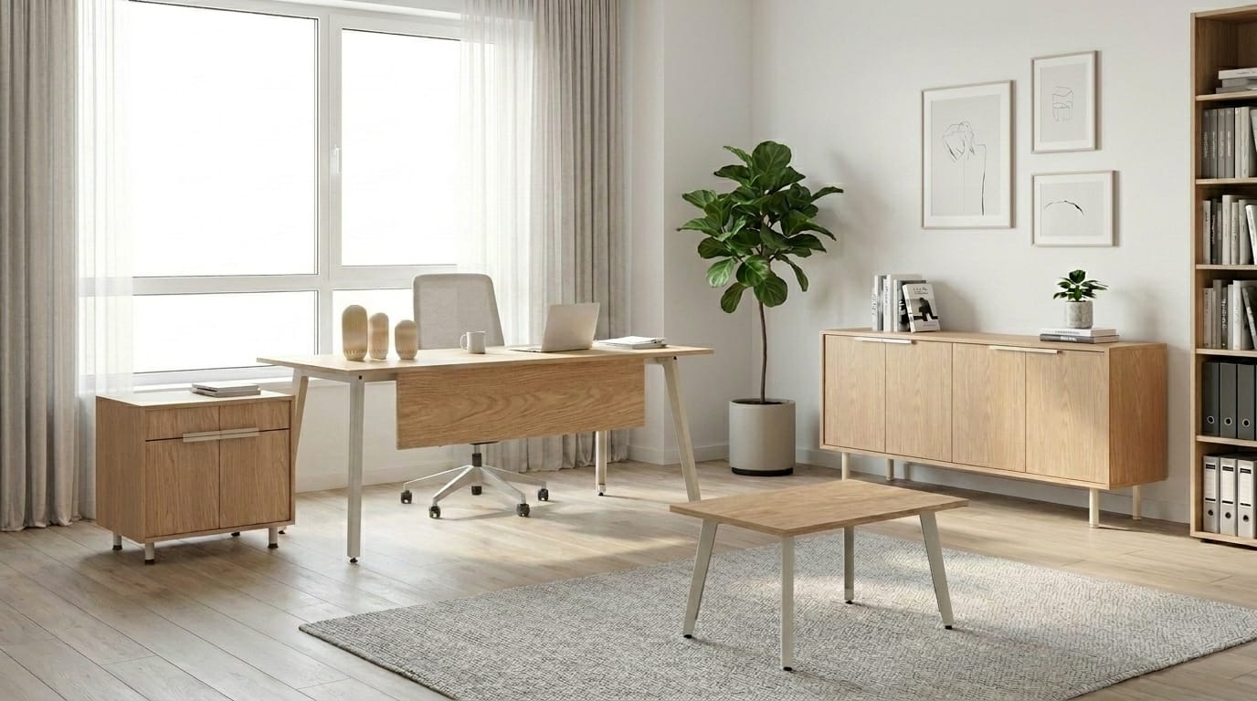 Elegant study set, modern boss table, chest of drawers, wooden sideboard