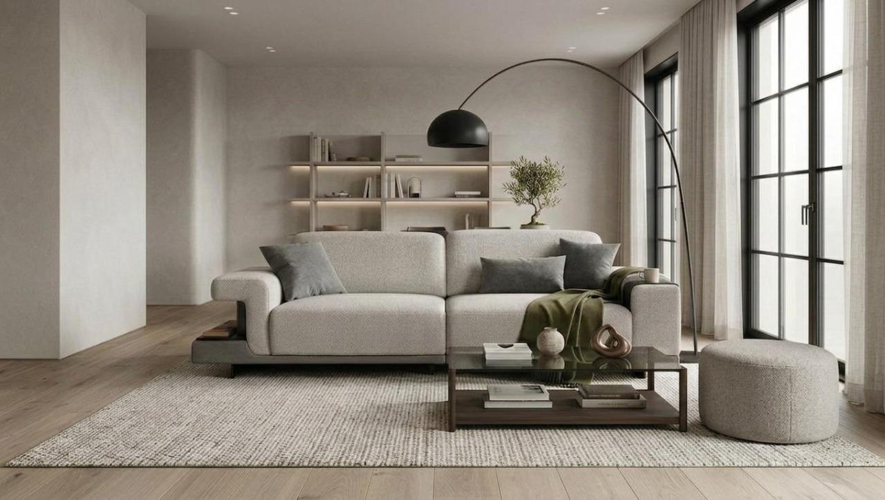 Beige Wohnzimmer Stoffgarnitur Polster 3-Sitzer Textil Sitzhocker