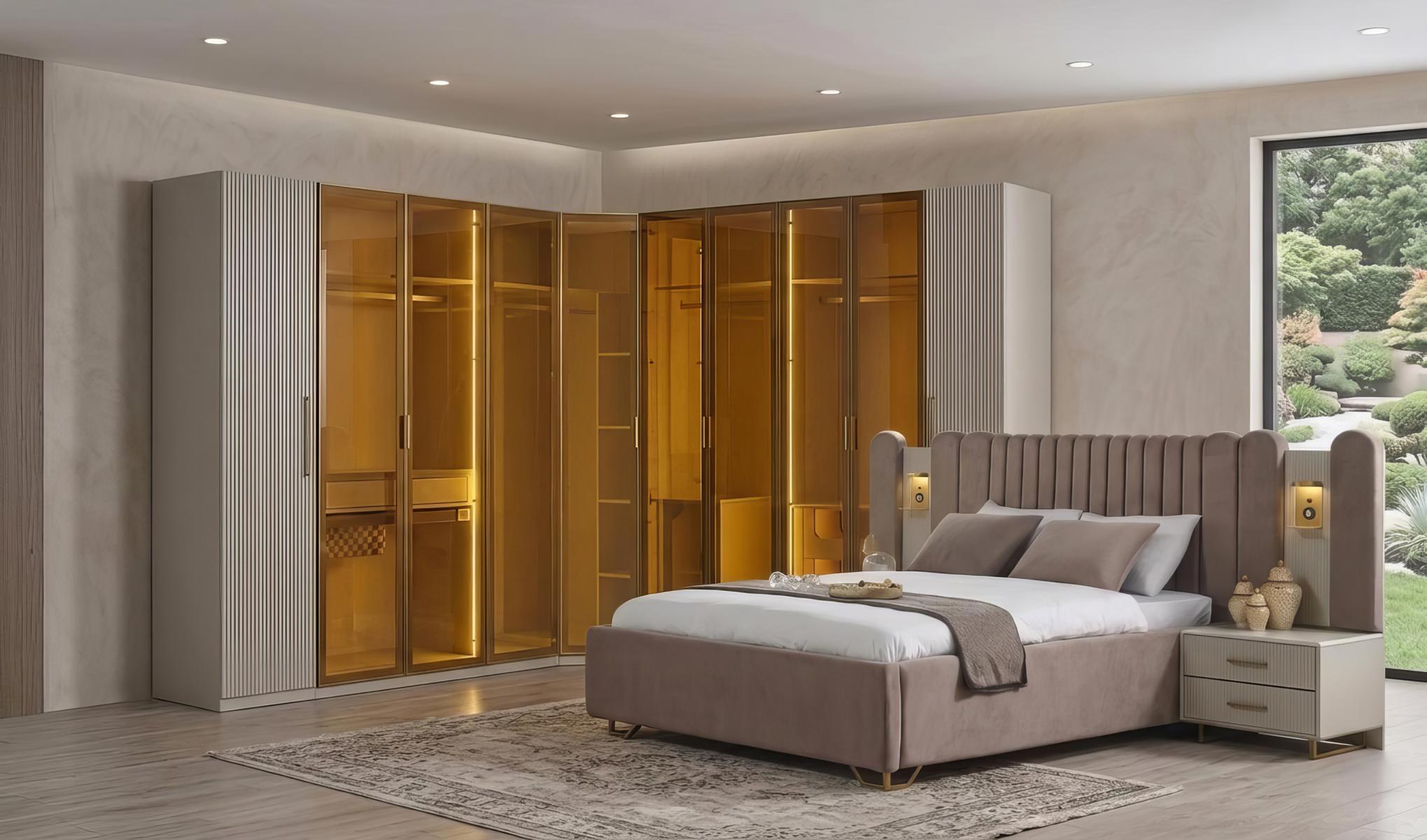 Schlafzimmer Set Bett Schrank Nachttische Modern Beige Edel Garnitur