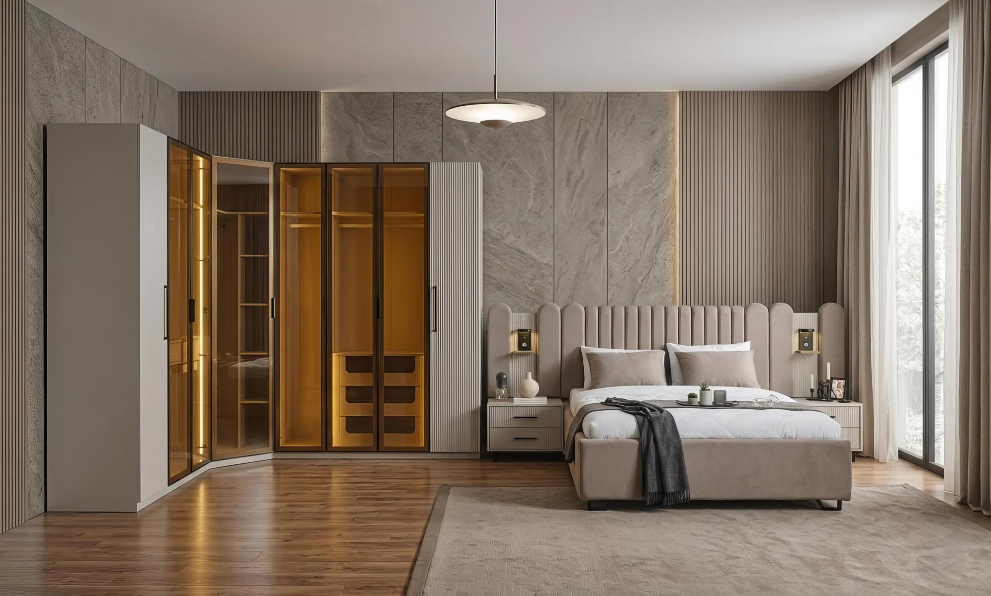 Schlafzimmer Set Bett Schrank Nachttische Modern Beige Edel Luxus Stil