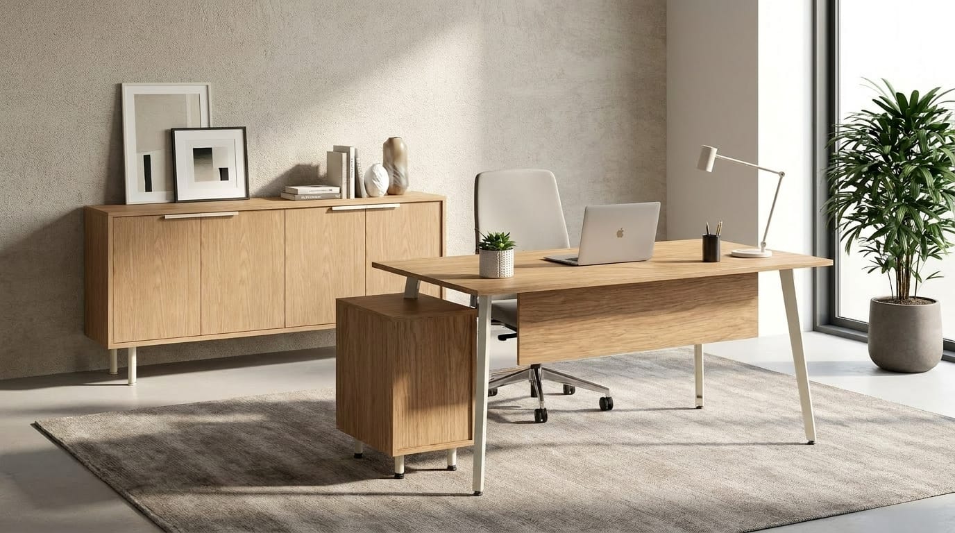 Office high quality set desk sideboard chest of drawers wood brown