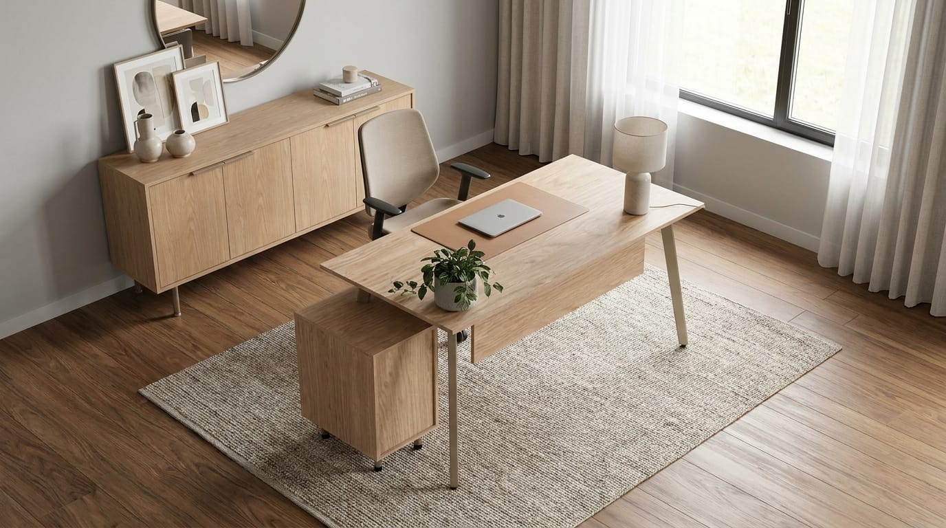 High-quality office set, desk, sideboard, chest of drawers, oak
