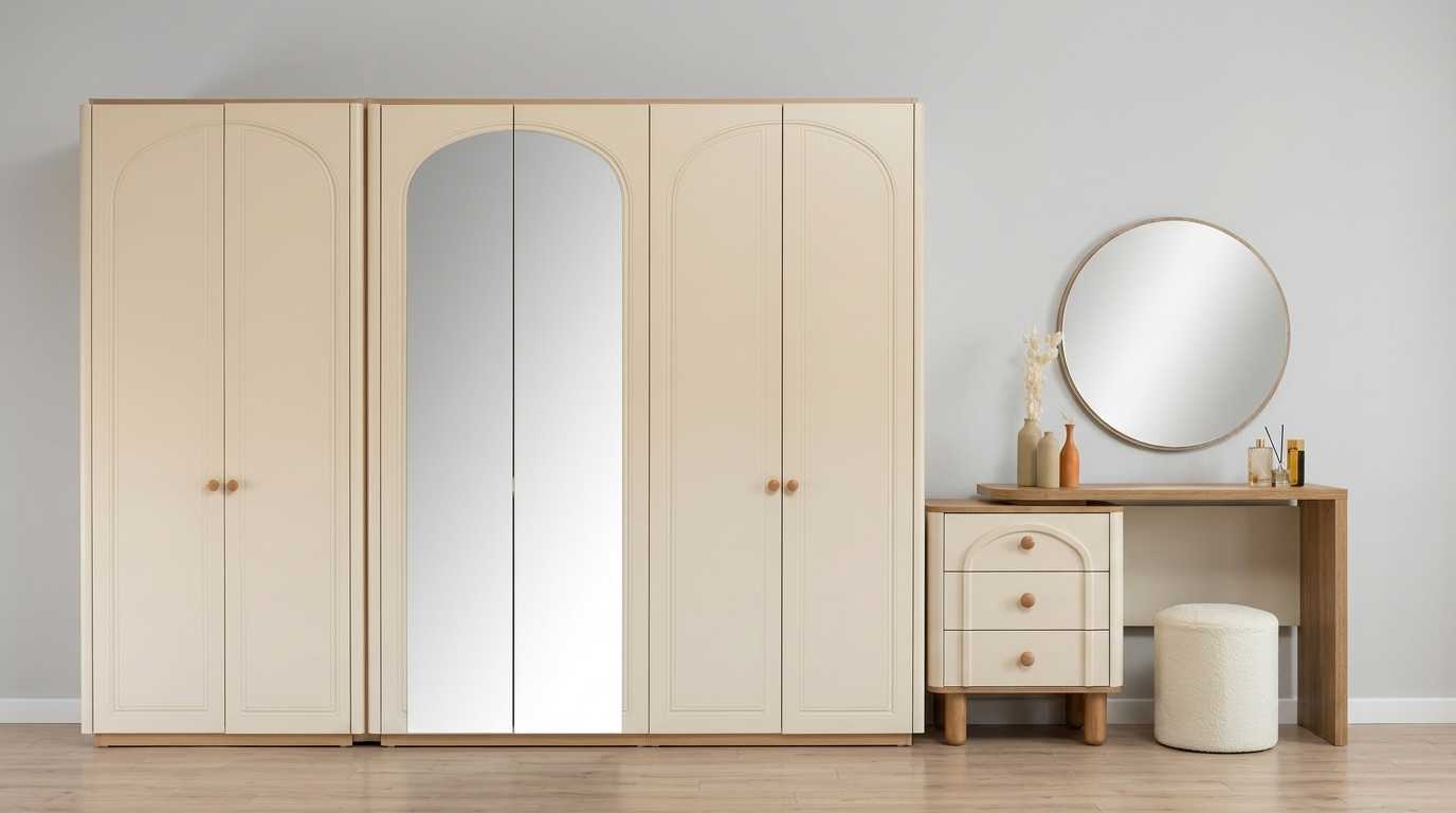 Kleiderschrank Schminktisch Set Beige Modern Luxus Spiegel Hocker
