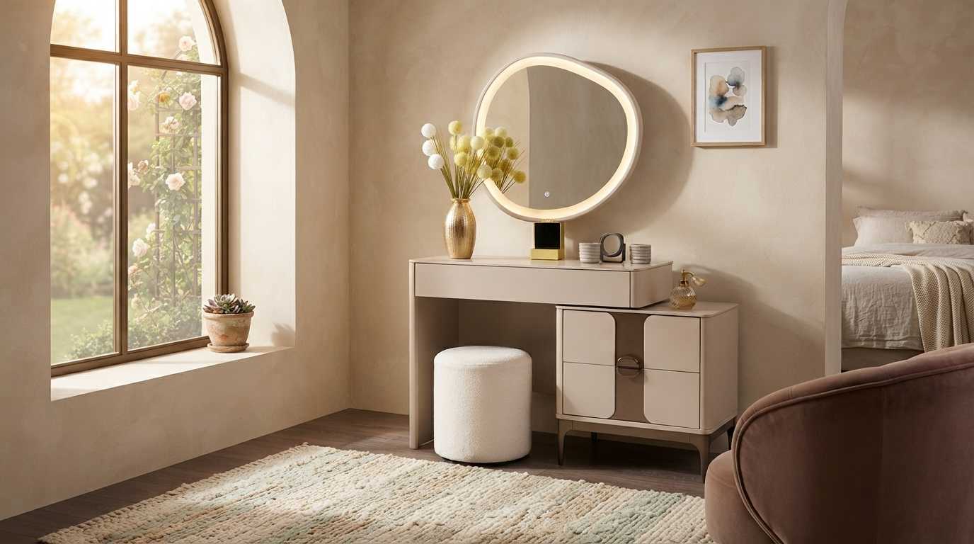 Schminktisch Set Beige Modern Luxus Spiegel Hocker Frisiertisch