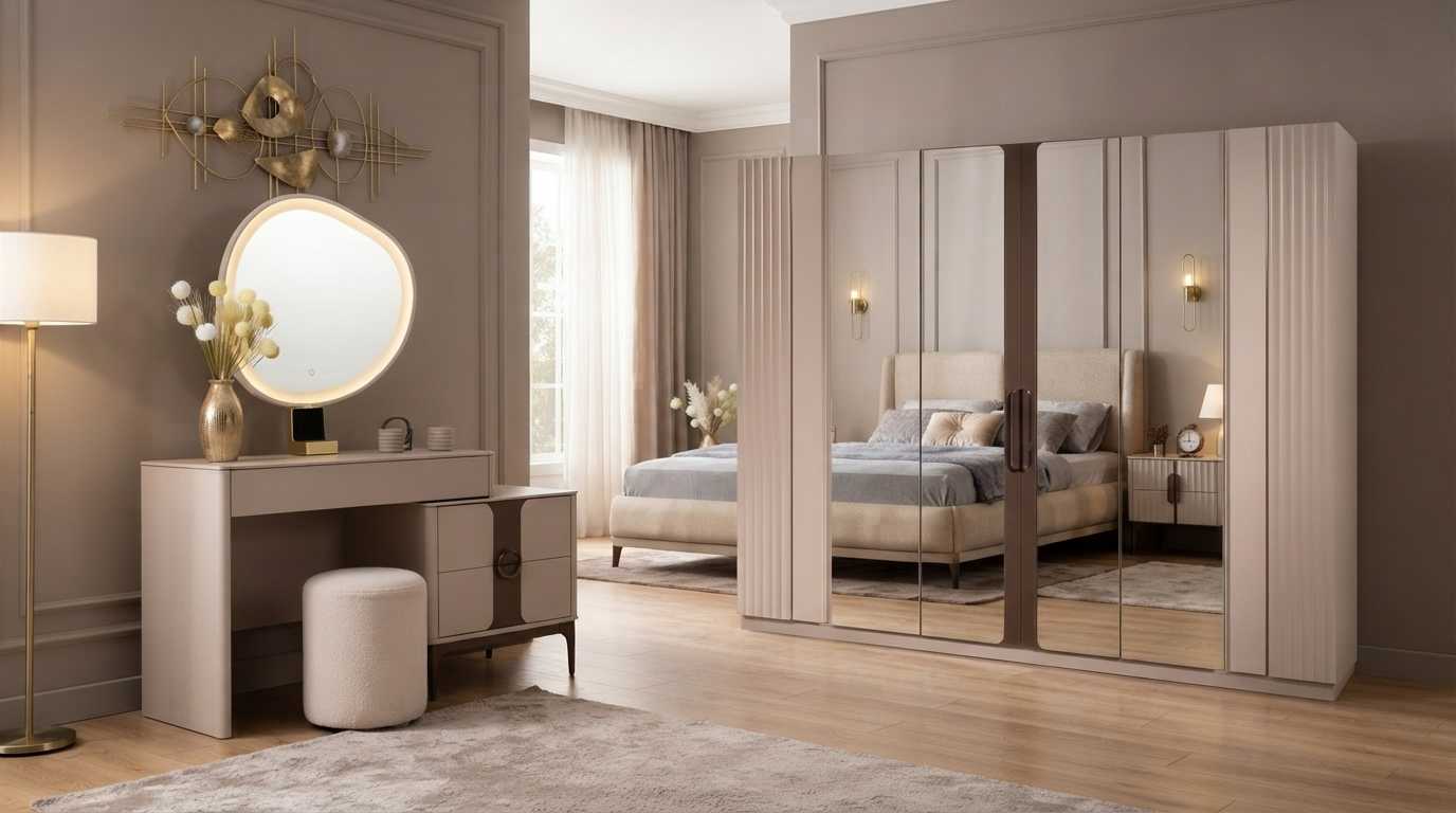 Schlafzimmer Set Beige Modern Luxus Schrank Schminktisch Hocker