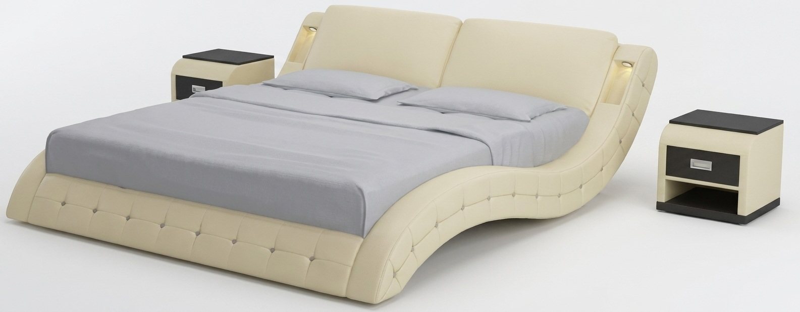 Elegantes Designerbett Beige mit Nachttische und weicher Komfort Form