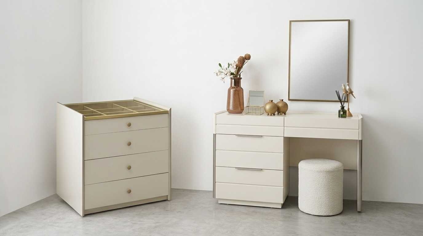 Schminktisch Garnitur Beige Modern Luxus Kommode Spiegel Hocker