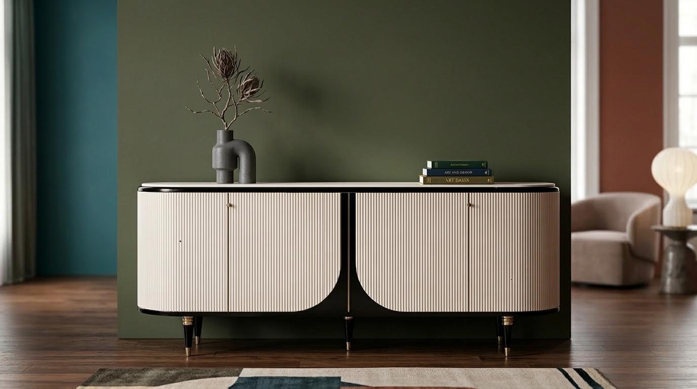 Elegante Konsole Beige Holz Sideboard Geriffelte Front Flügeltüren