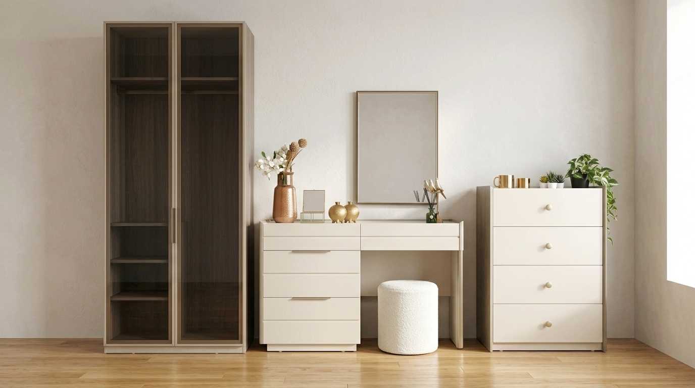 Schlafzimmer Set Beige Modern Luxus Schrank Schminktisch Kommode