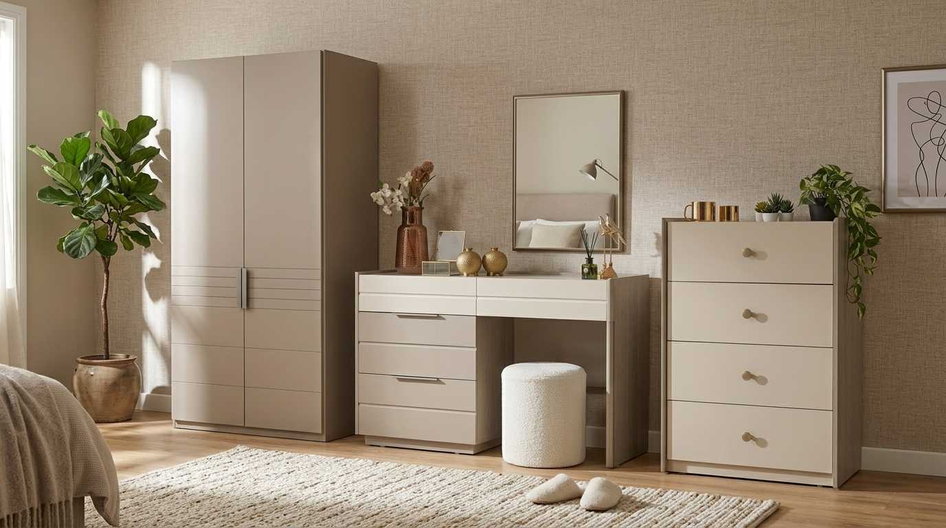 Schlafzimmer Set Beige Modern Luxus Schrank Schminktisch Kommode