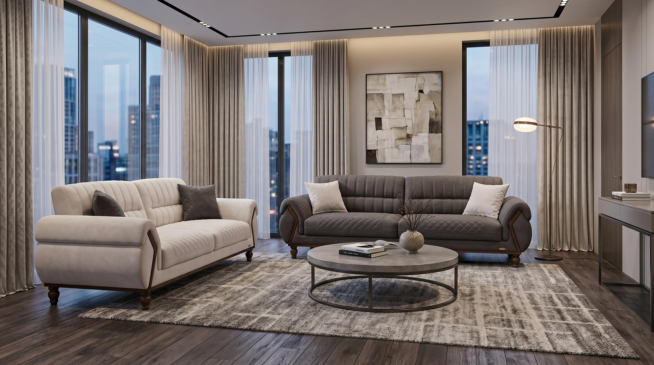 Beige-graues Sofa-Set 3+2-Sitzer-Sofas Stoffsofas Wohnzimmer Arbeitszimmer