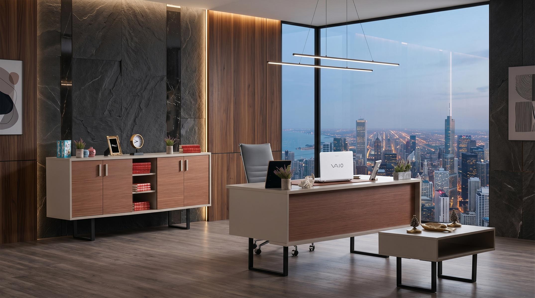 Braun-beiges Büro-Set Schreibtisch Couchtisch Schrank Arbeitszimmer modern