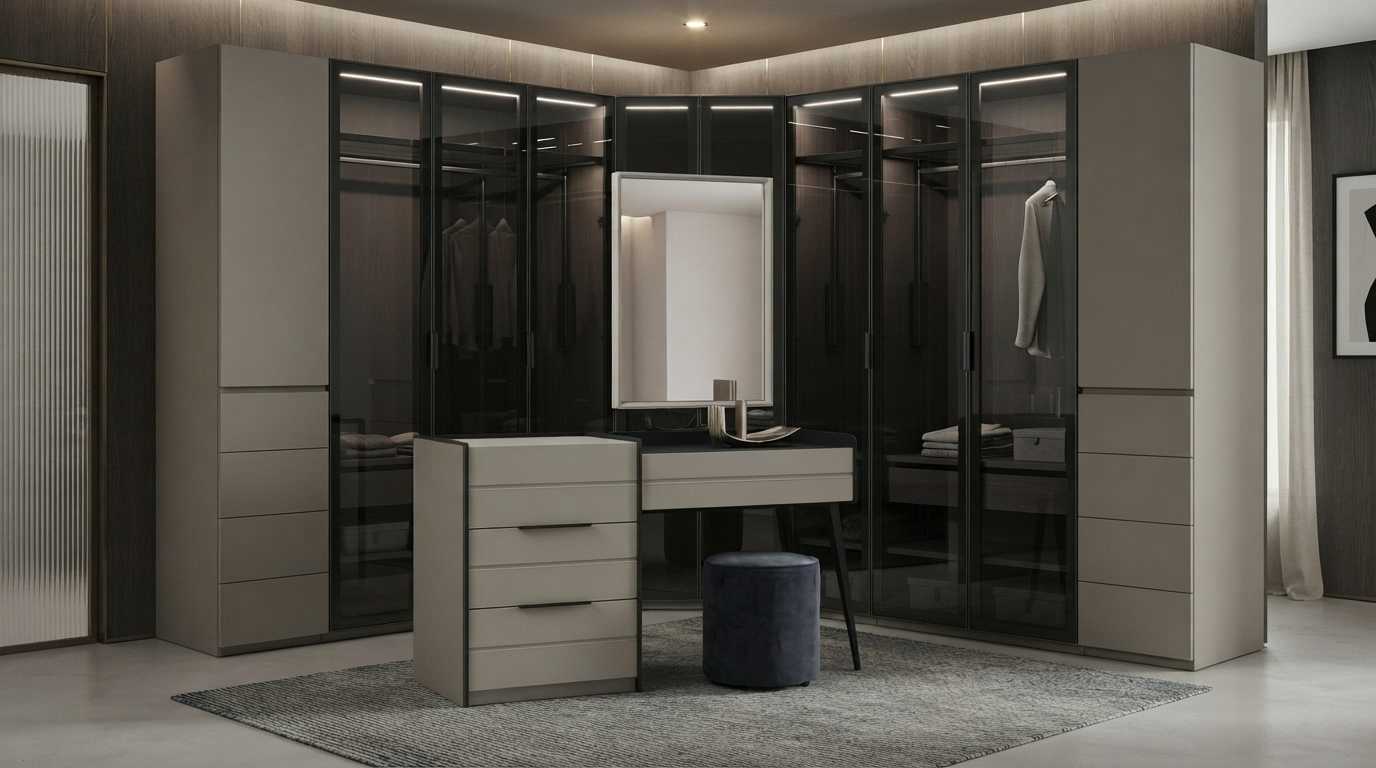 Eckschrank Schminktisch Beige Schwarz Modern Edel Glas LED Set