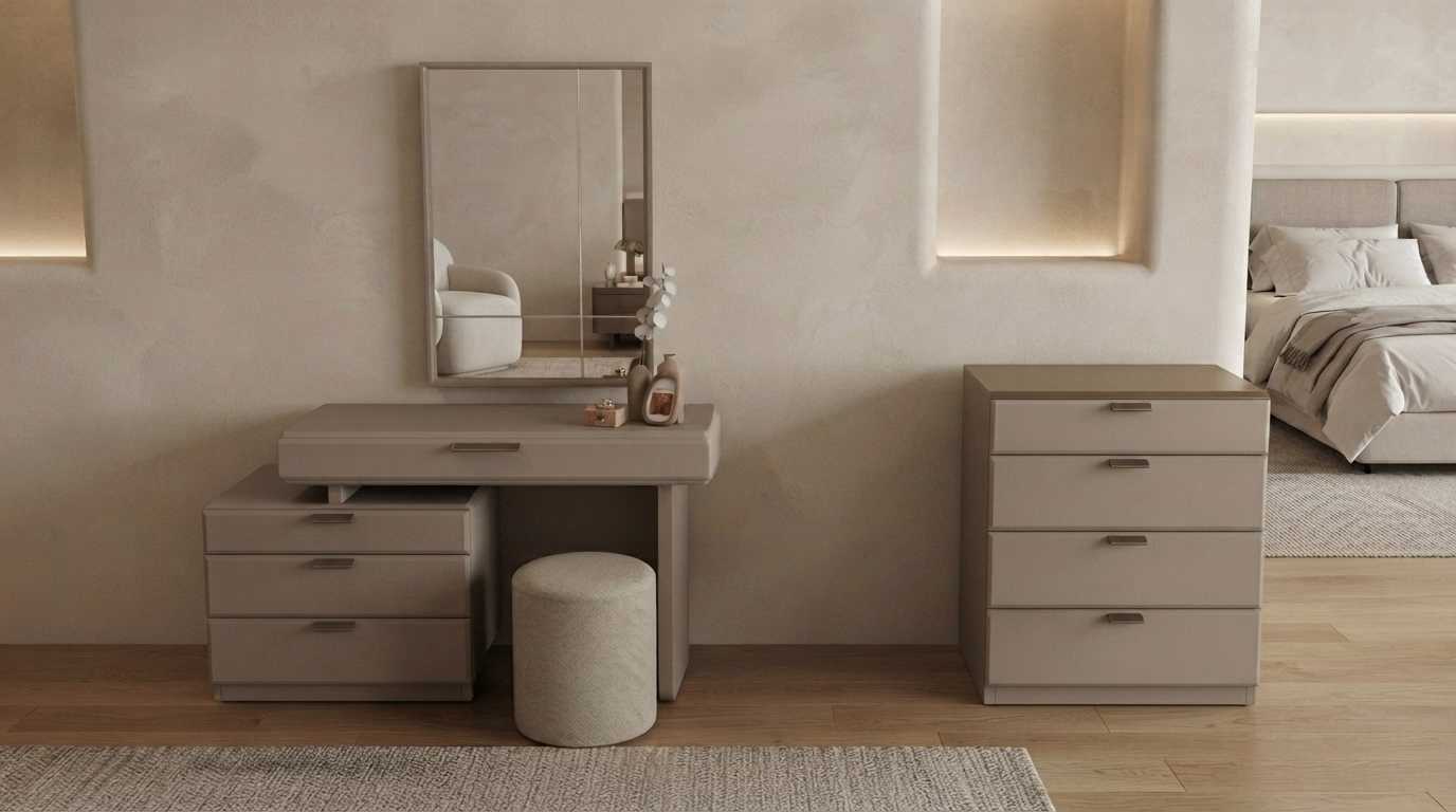 Schminktisch Kommode Spiegel Hocker Beige Modern Elegant
